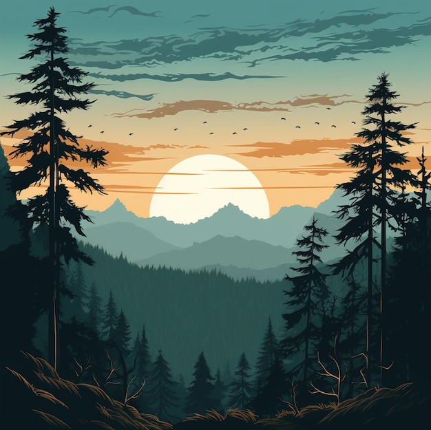 un poster per un paesaggio montano con la luna piena sullo sfondo.
