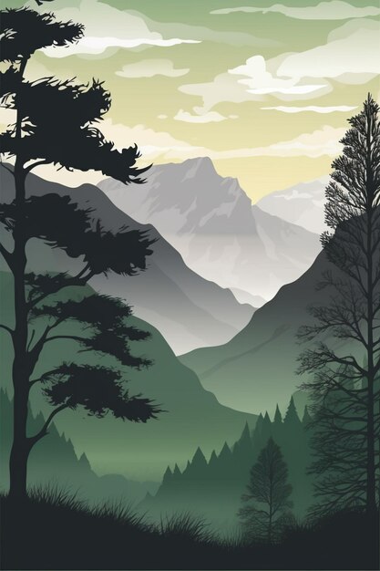 Un poster per un paesaggio montano con una foresta e montagne sullo sfondo.