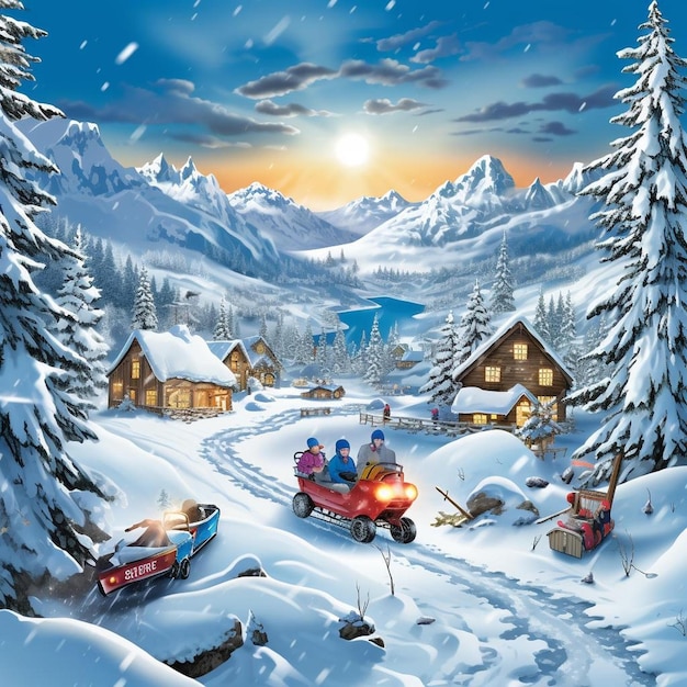 un poster per un paese delle meraviglie invernali con un gruppo di persone in una slitta.