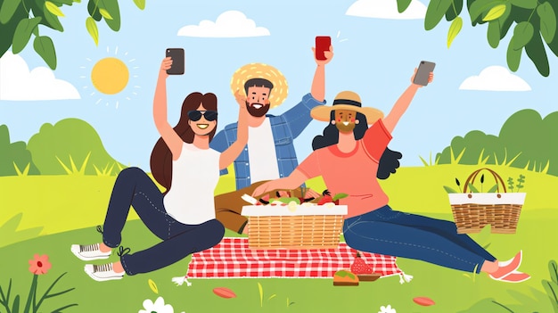 un poster per un picnic di famiglia con un cesto di cibo