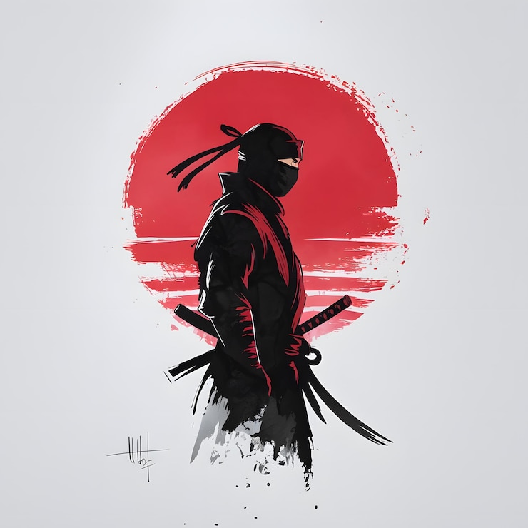 Foto un poster per un samurai con uno sfondo rosso e un cerchio rosso con un logo rosso e blu