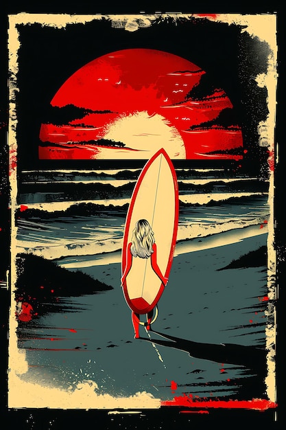 un poster per un surfer con un sole rosso sullo sfondo