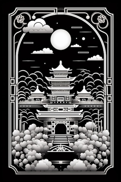 un poster per un tempio con una luna e nuvole sullo sfondo