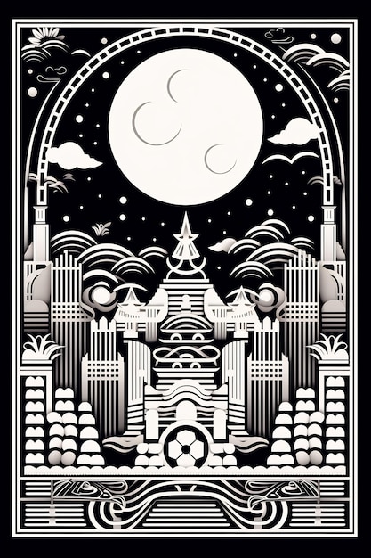 un poster per un tempio con una luna e nuvole sullo sfondo