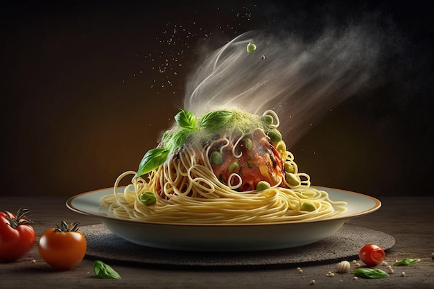 Un poster per una cena a base di spaghetti con sopra una polpetta