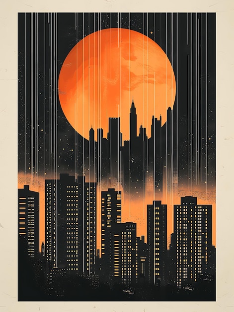 un poster per una città con una luna piena sullo sfondo