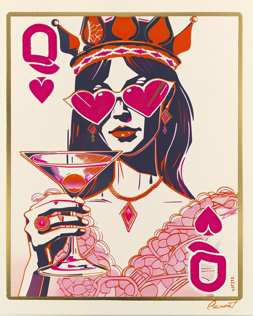 un poster per una donna che tiene un bicchiere di martini con dei cuori su di esso