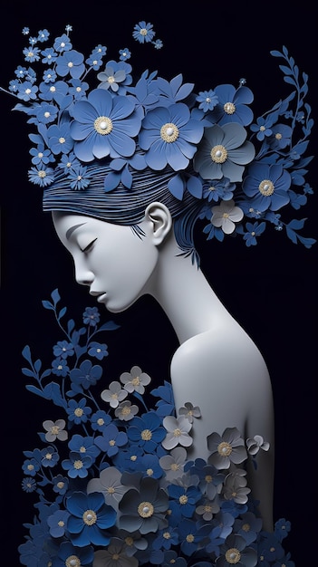 Un poster per una donna con dei fiori e la parola " blu " sopra.