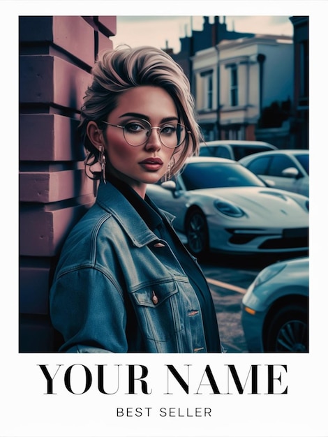 un poster per una donna con gli occhiali e una macchina sullo sfondo