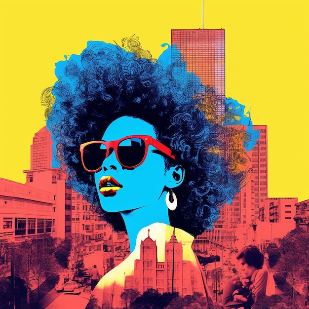 un poster per una donna con i capelli blu e gli occhiali da sole rossi.