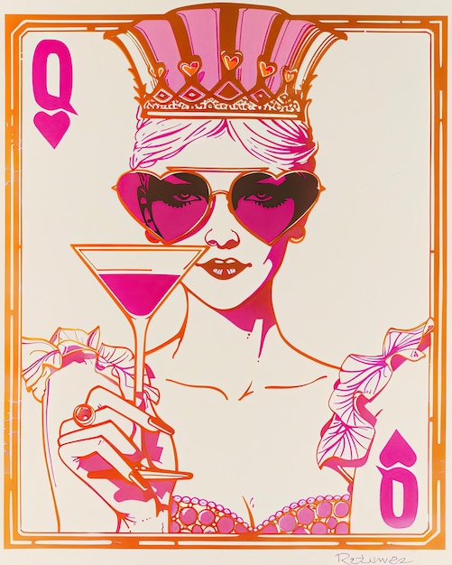 un poster per una donna con un bicchiere di martini e un cocktail rosa al centro