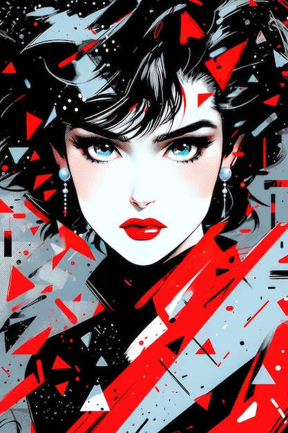 un poster per una donna con uno sfondo rosso e nero.