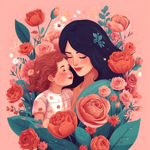 un poster per una donna e un bambino con un bouquet di rose