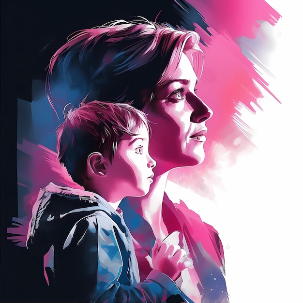 Un poster per una donna e un bambino con uno sfondo rosa e blu.