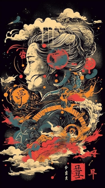 Un poster per una donna giapponese con un drago sul davanti.