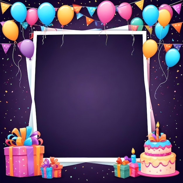un poster per una festa con palloncini e una tavola nera con uno sfondo viola con un posto per una festa di compleanno