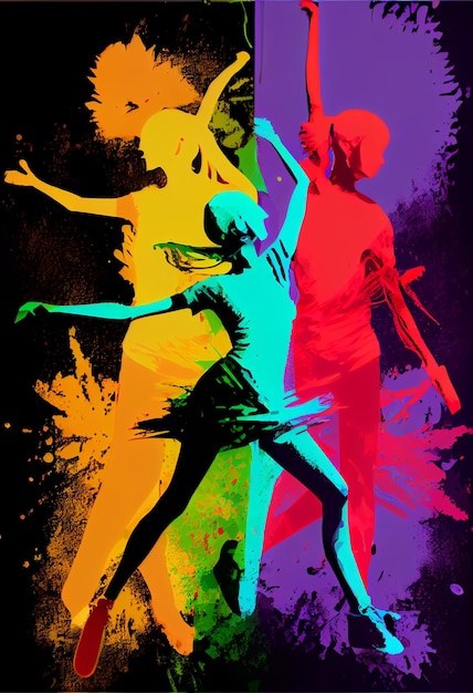 Un poster per una festa da ballo con uno sfondo colorato.