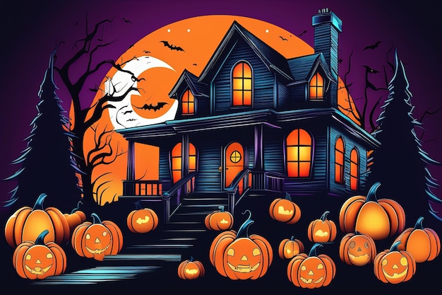 un poster per una festa di Halloween con una casa con zucche e la luna piena dietro.