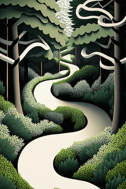 Un poster per una foresta con una strada tortuosa nel mezzo.