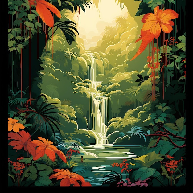 un poster per una giungla con una cascata e una cascată