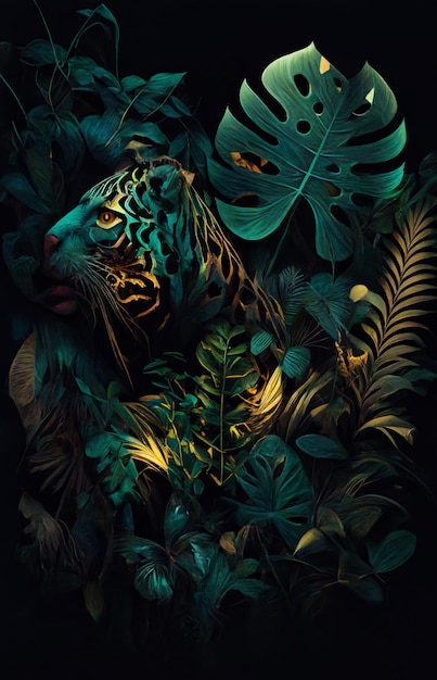 Un poster per una giungla con una tigre al centro.