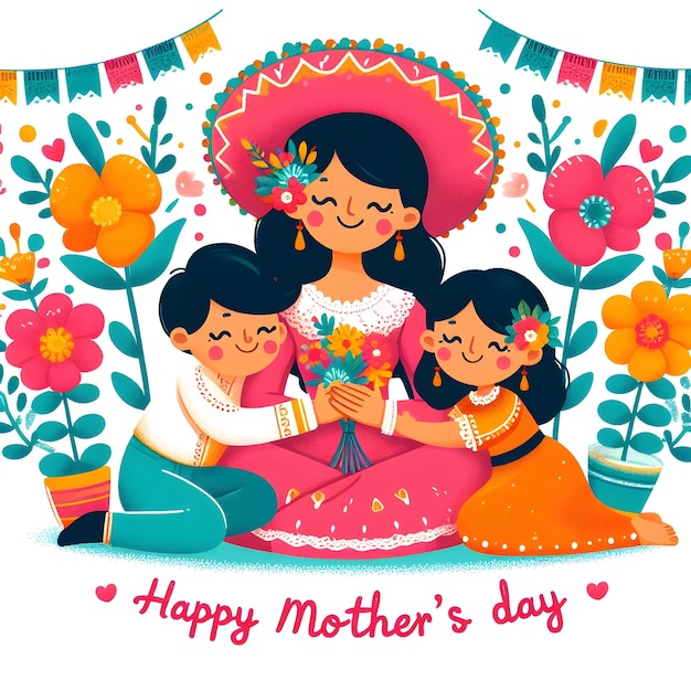un poster per una madre e dei bambini con fiori e una signora che tiene fiori