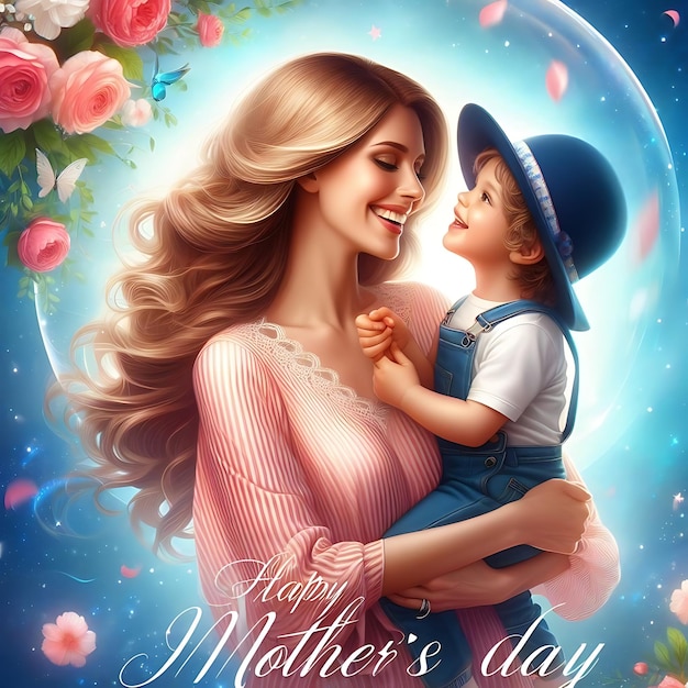 un poster per una madre e suo figlio con fiori e una foto di una madre e la sua