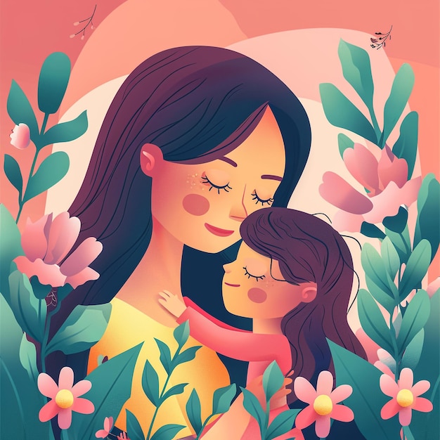 un poster per una madre e una figlia con fiori e una farfalla