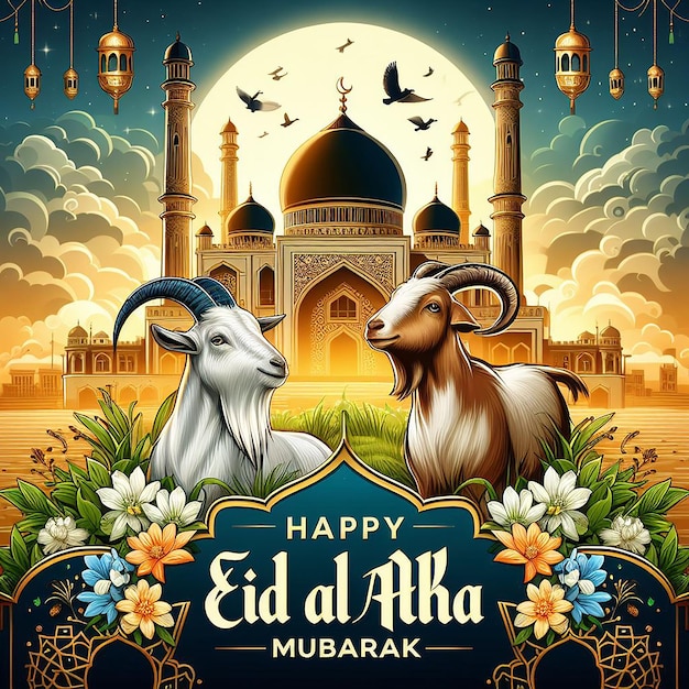 un poster per una moschea con un'immagine di una capra e una moschea sullo sfondo