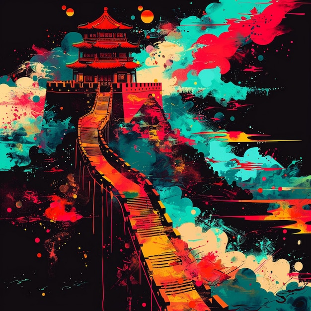 un poster per una pagoda cinese con uno sfondo rosso e blu