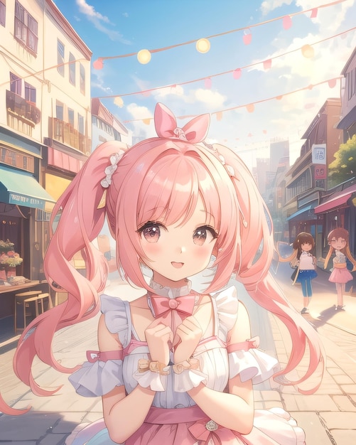 Un poster per una ragazza di anime con i capelli rosa e un fiocco rosa.
