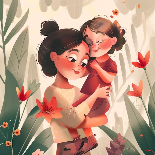 un poster per una ragazza e sua madre con fiori e una foto di una ragazza che la abbraccia