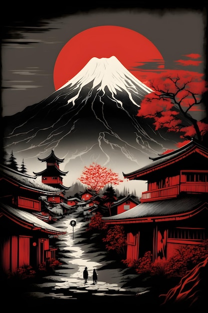 Un poster per una scena di montagna giapponese con una luna rossa dietro.