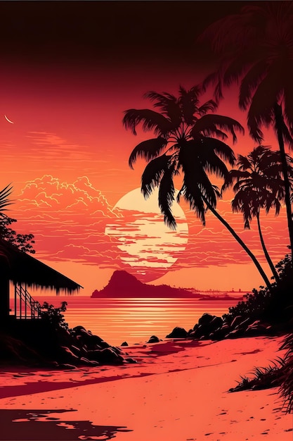 Un poster per una scena di spiaggia con una palma e una casa sulla sinistra.