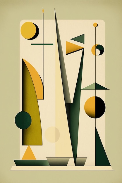Un poster per una serie di forme geometriche con un albero al centro.