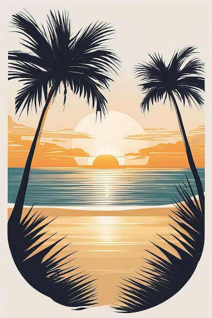 un poster per una spiaggia con palme e sole sullo sfondo.