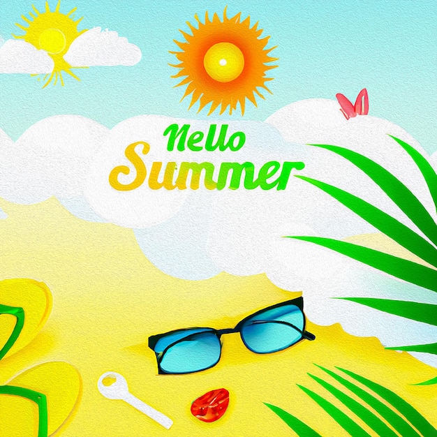 Un poster per una vacanza estiva con occhiali da sole e portachiavi.