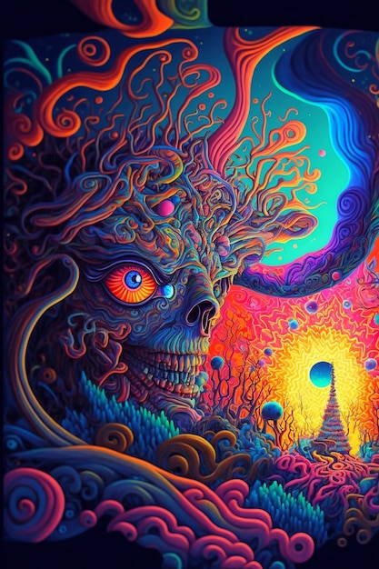 Un poster psichedelico di un teschio con sfondo cielo e le parole "la fine del mondo" sul fondo.