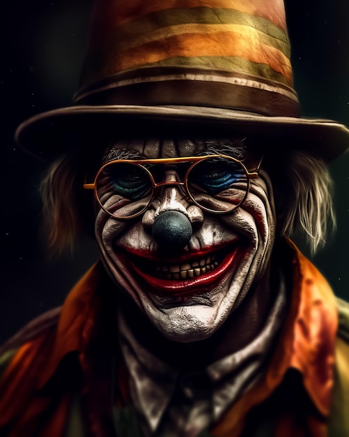 Un poster raccapricciante e spaventoso di un classico clown cavo che indossa un cappello e costumi classici con un sorriso spaventoso