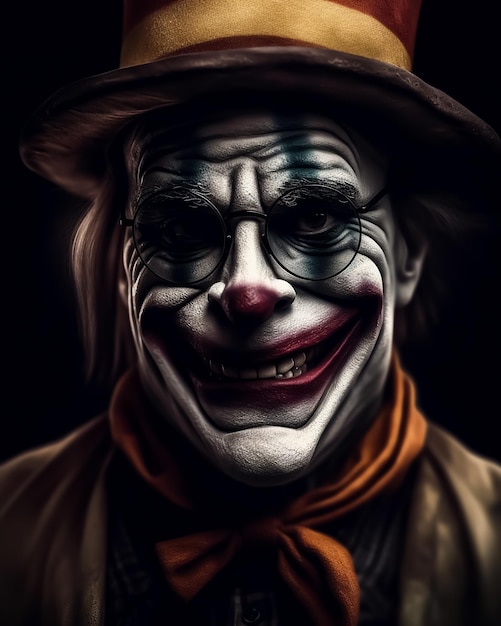 Un poster raccapricciante e spaventoso di un classico clown cavo che indossa un cappello e costumi classici con un sorriso spaventoso