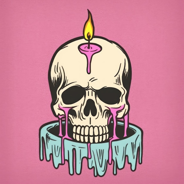un poster rosa e rosa con un teschio e una candela al suo interno.