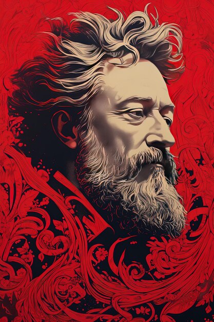 un poster rosso con la faccia di un uomo e una barba