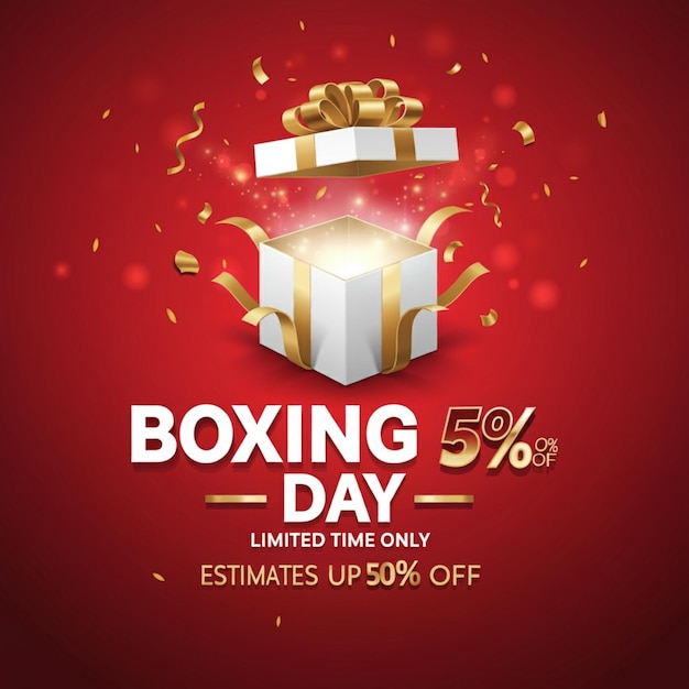 un poster rosso con una scatola che dice vendita di Boxing Day