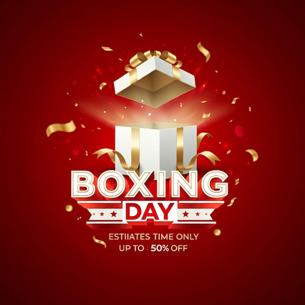 un poster rosso con una scatola di boxing day scritta su di esso
