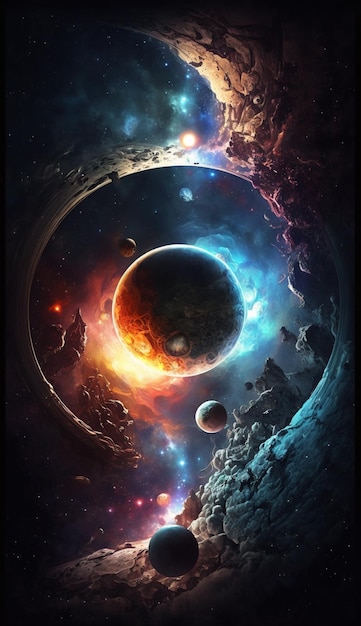 Un poster spaziale colorato con pianeti e stelle