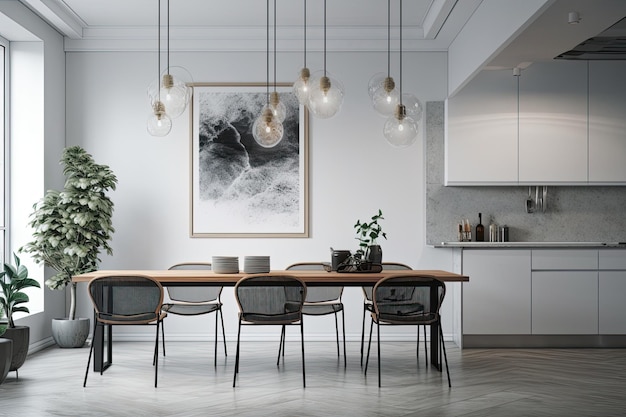 Un poster verticale è appeso su una parete grigio chiaro sopra un primo piano di un tavolo da cucina con sedili grigi