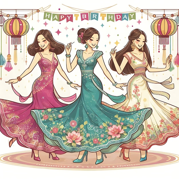 un poster vettoriale di tre donne con fiori e un'immagine di un buon compleanno
