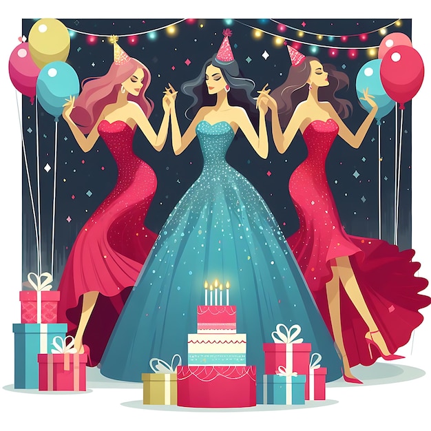 un poster vettoriale per un compleanno con una donna che tiene una torta e una torta con le parole