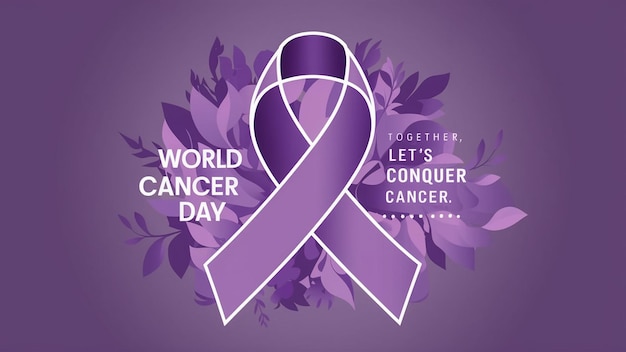 un poster viola con un nastro viola che dice Giornata Mondiale del Cancro