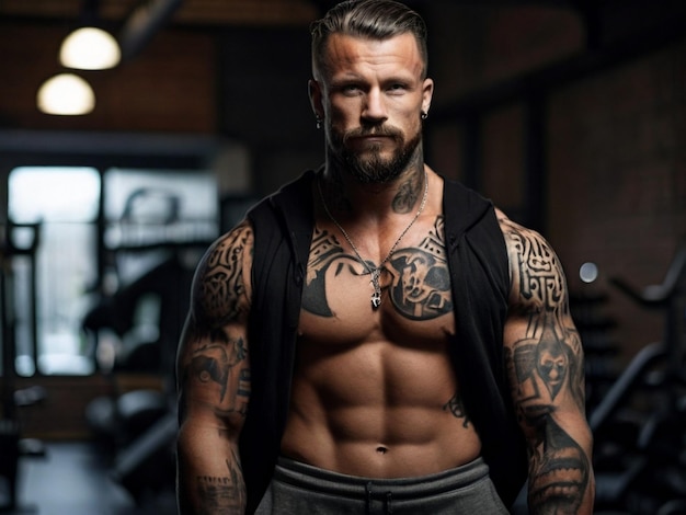 Un potente bodybuilder elegante con un tatuaggio sul braccio.